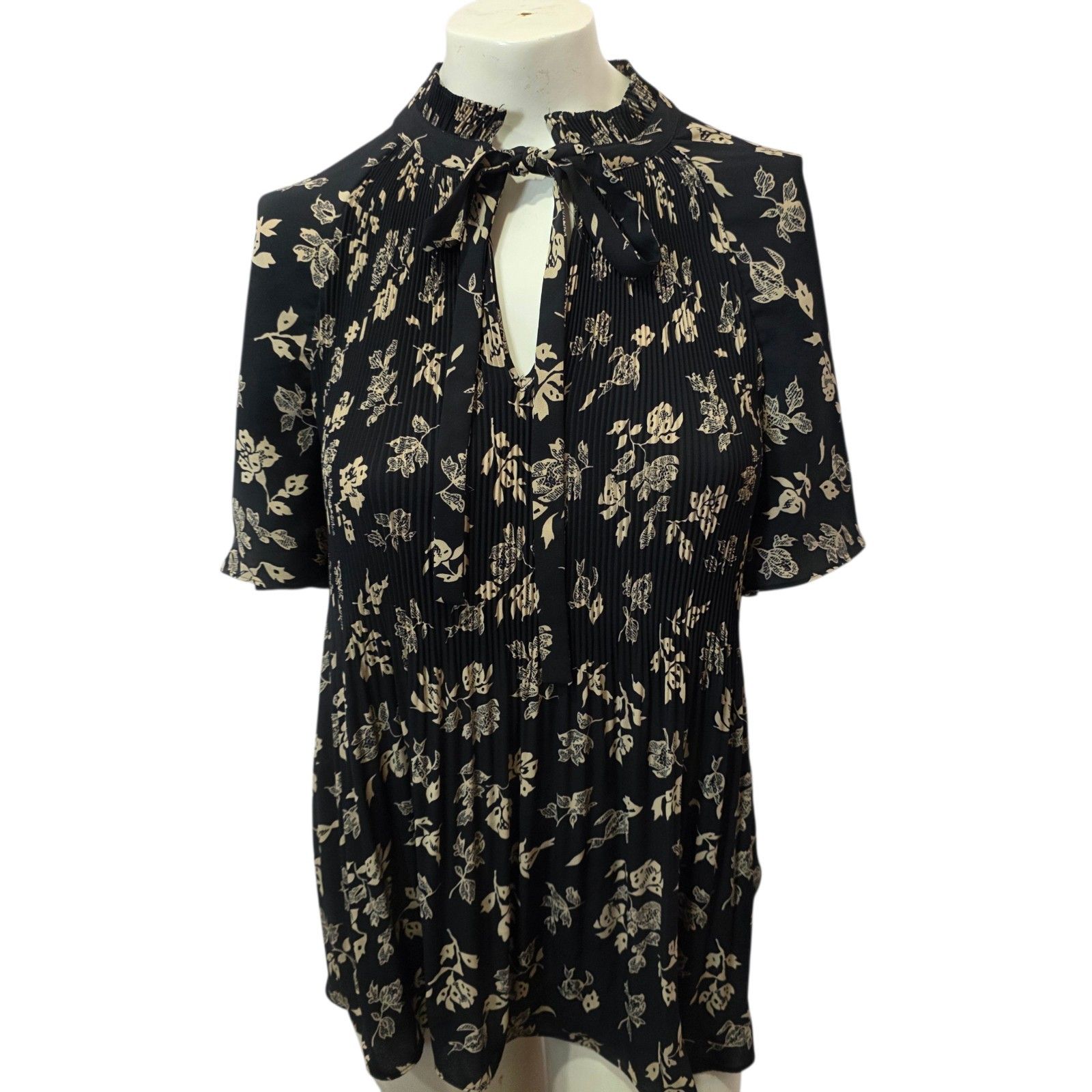 Lauren Ralph Lauren Floral Pleated Tie Neck Blouse 1x Black Boho Top Chic